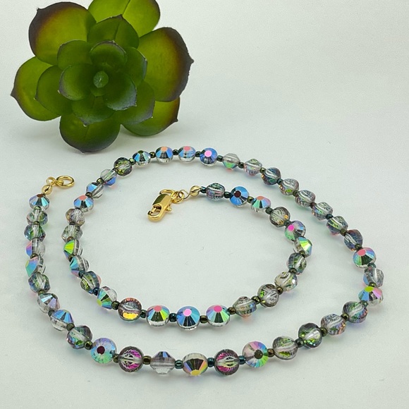 New Aurora Borealis Crystal Necklace, Handmade, BoHo, Coin Shape Beads, Festival - Picture 2 of 6